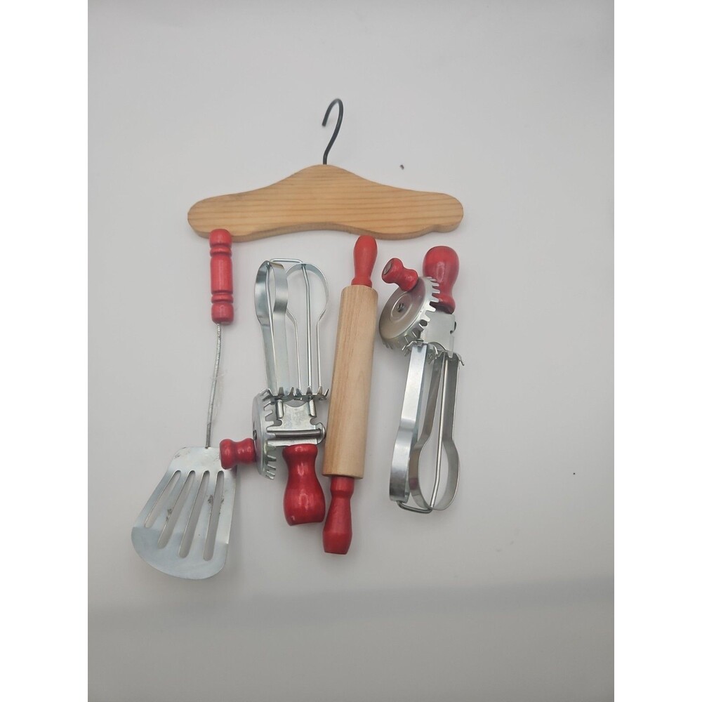 4 LOT VTG Collectible Red Wood Handle Mini Kitchen Utensil Toys Spatula Spoon